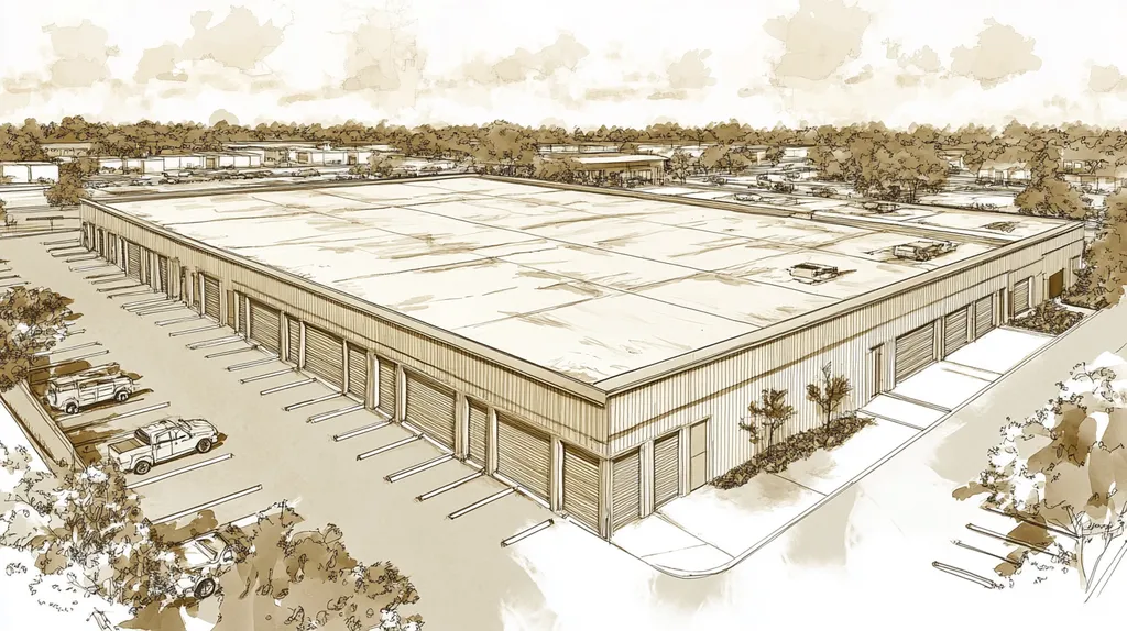 A commercial roof on a storage facility in a location similar to New Orleans with an architectural sketch rendering aesthetic (AI image)