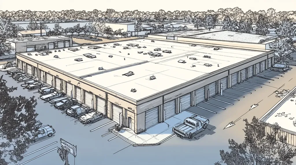 A commercial roof on a storage facility in a location similar to New Orleans with an architectural sketch rendering aesthetic (AI image)