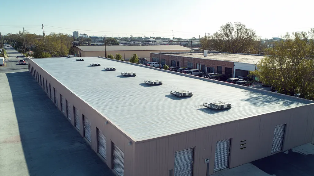 A commercial roof on a storage facility in a location similar to New Orleans with a futuristic aesthetic (AI image)