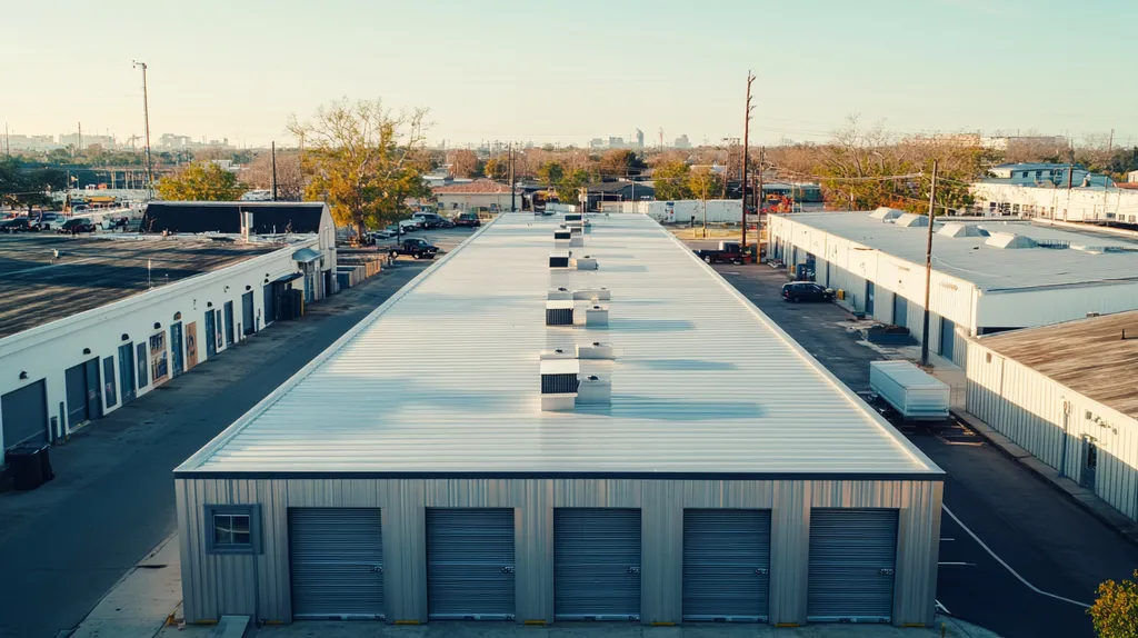 A commercial roof on a storage facility in a location similar to New Orleans with a futuristic aesthetic (AI image)