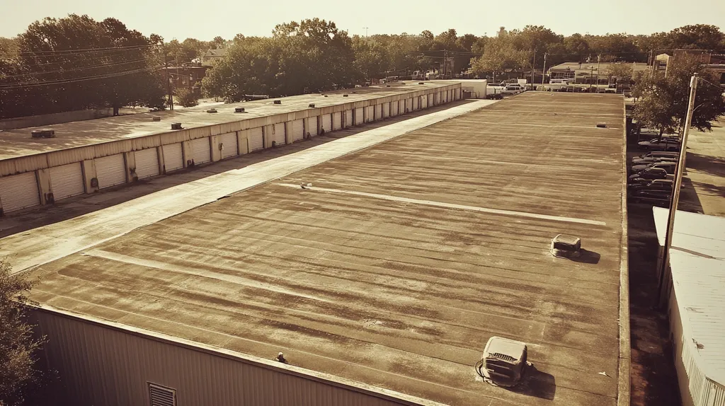 A commercial roof on a storage facility in a location similar to New Orleans with a tintype aesthetic (AI image)