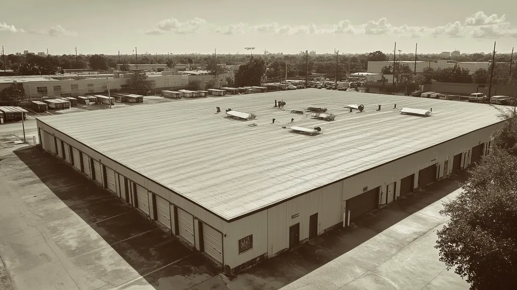 A commercial roof on a storage facility in a location similar to New Orleans with a tintype aesthetic (AI image)