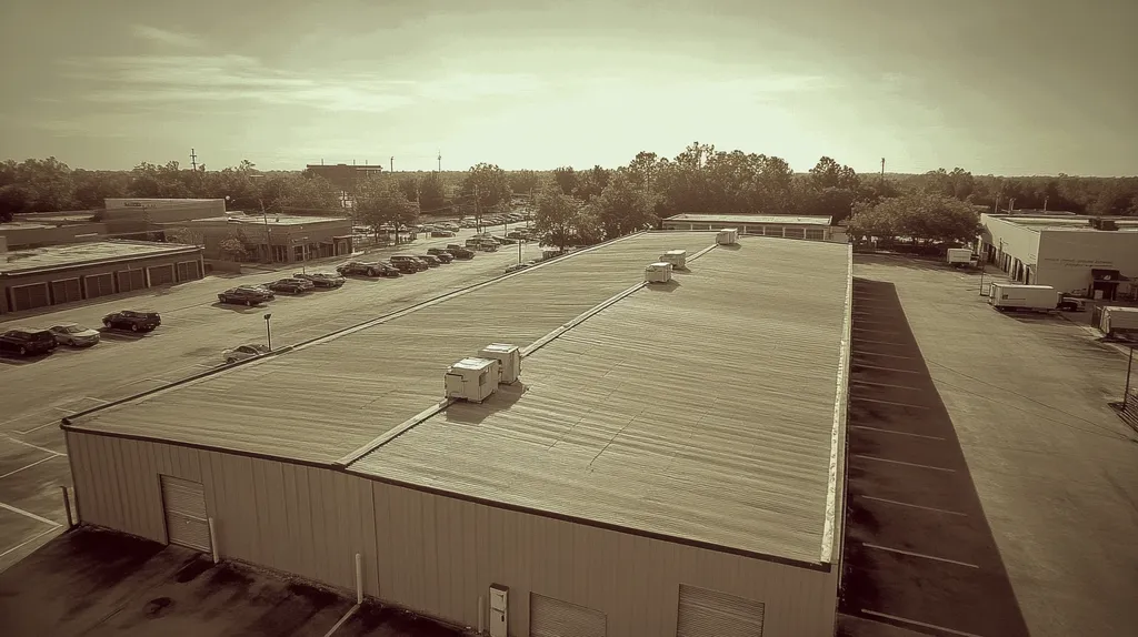 A commercial roof on a storage facility in a location similar to New Orleans with a tintype aesthetic (AI image)