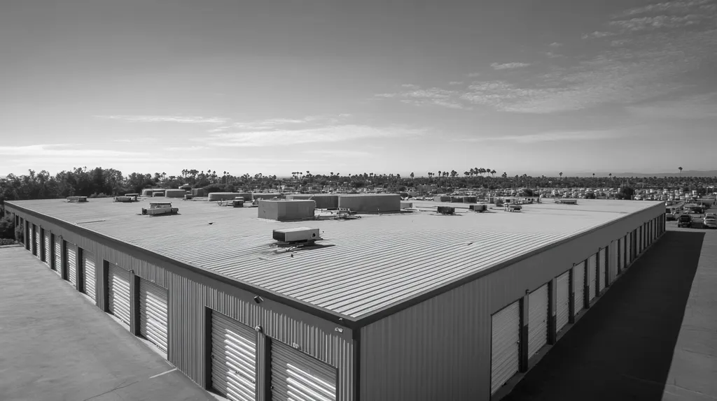 A commercial roof on a storage facility in a location similar to Newport Beach with a black and white photography aesthetic (AI image)