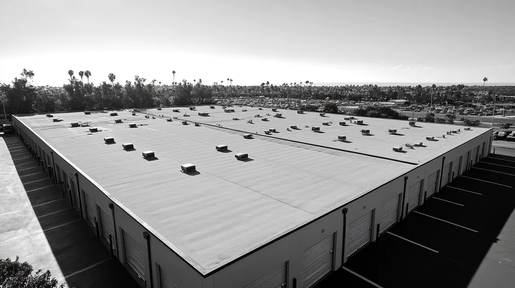 A commercial roof on a storage facility in a location similar to Newport Beach with a black and white photography aesthetic (AI image)