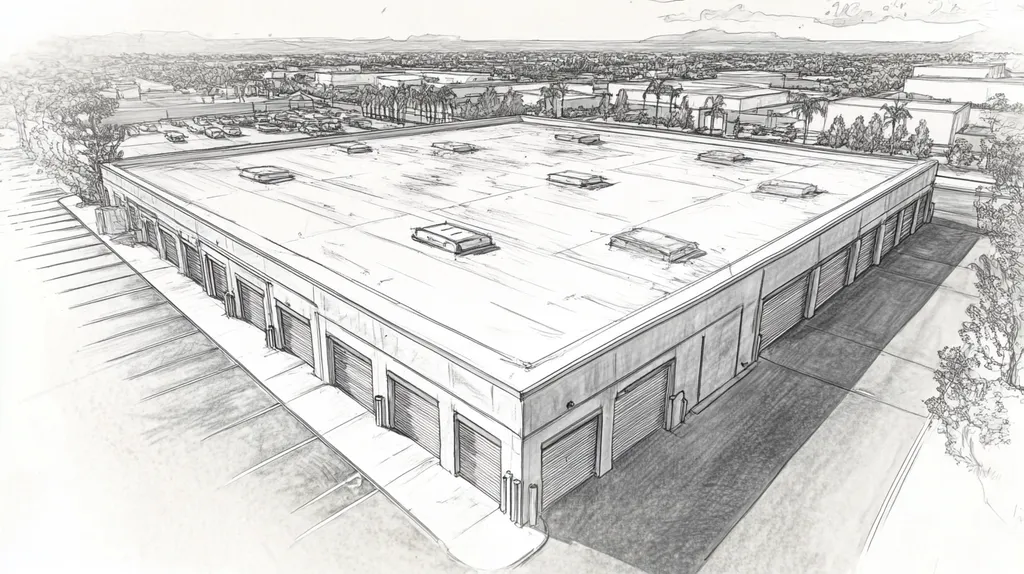 A commercial roof on a storage facility in a location similar to Newport Beach with a charcoal sketch aesthetic (AI image)