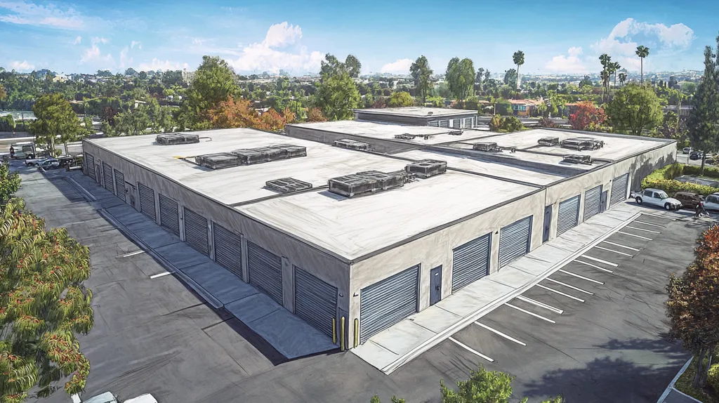 A commercial roof on a storage facility in a location similar to Newport Beach with a charcoal sketch aesthetic (AI image)