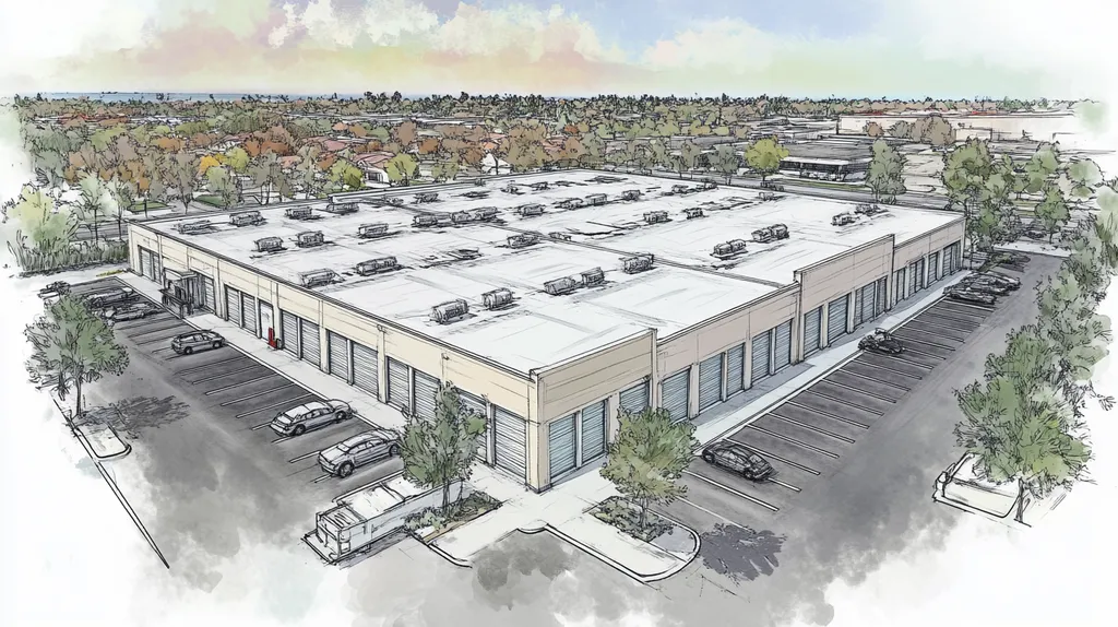 A commercial roof on a storage facility in a location similar to Newport Beach with a charcoal sketch aesthetic (AI image)