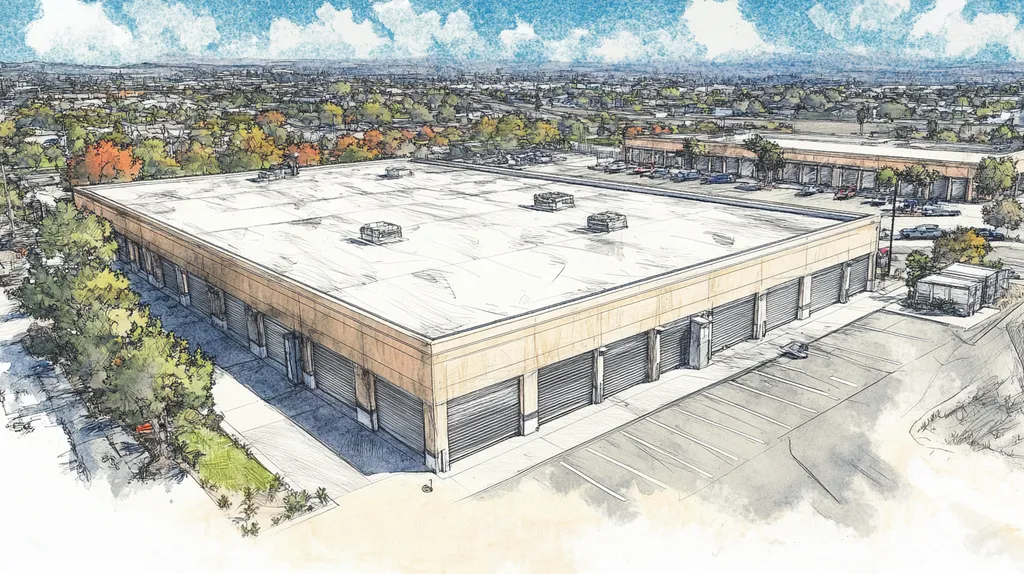 A commercial roof on a storage facility in a location similar to Newport Beach with a charcoal sketch aesthetic (AI image)