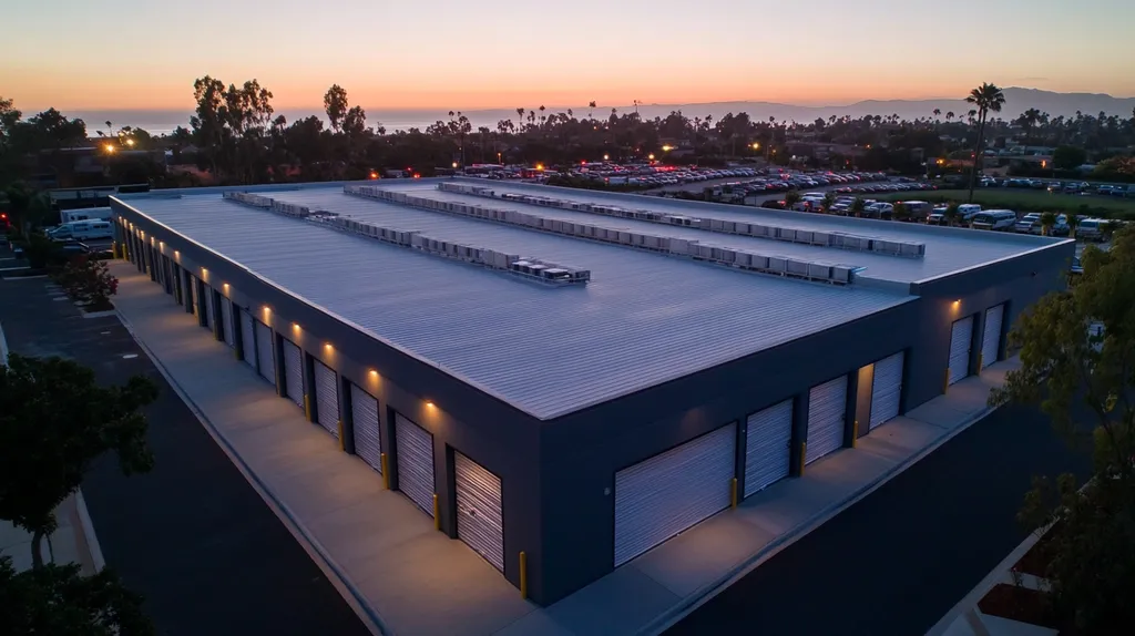 A commercial roof on a storage facility in a location similar to Newport Beach with an illuminated nightscape aesthetic (AI image)