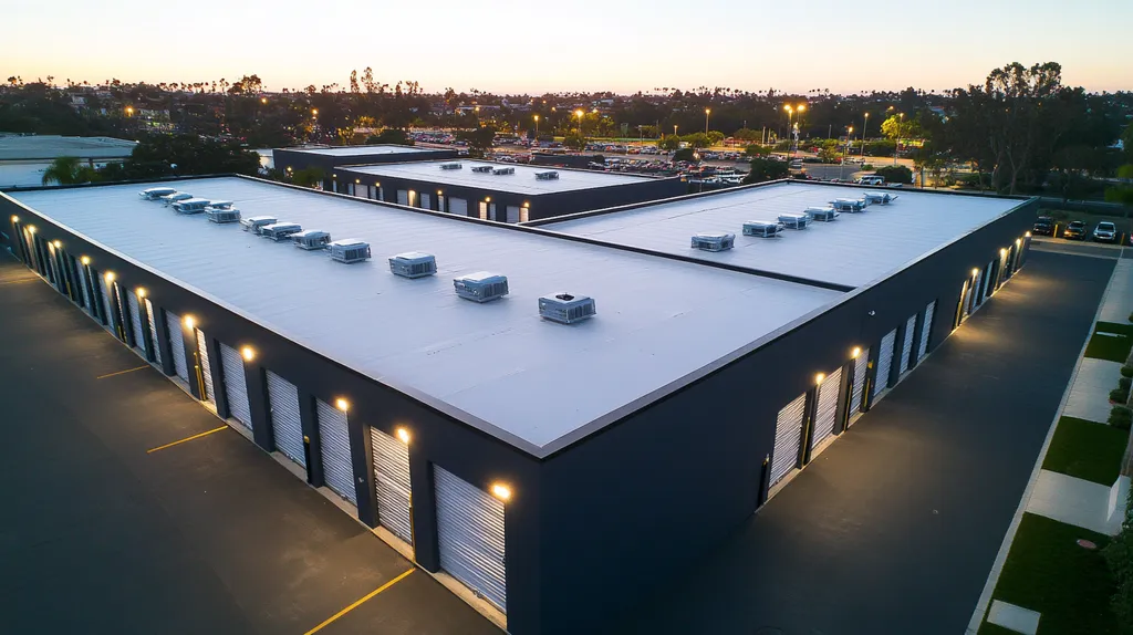 A commercial roof on a storage facility in a location similar to Newport Beach with an illuminated nightscape aesthetic (AI image)