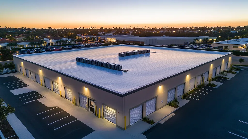 A commercial roof on a storage facility in a location similar to Newport Beach with an illuminated nightscape aesthetic (AI image)