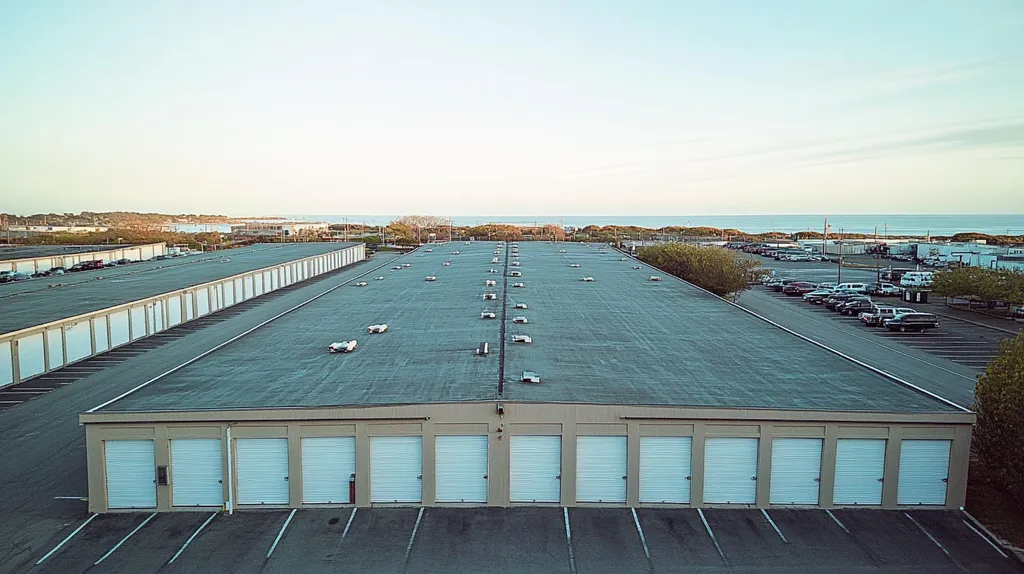A commercial roof on a storage facility in a location similar to Newport, Rhode Island with a Polaroid aesthetic (AI image)