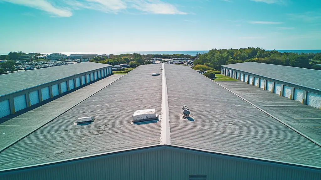 A commercial roof on a storage facility in a location similar to Newport, Rhode Island with a Polaroid aesthetic (AI image)