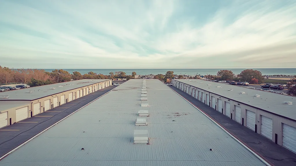 A commercial roof on a storage facility in a location similar to Newport, Rhode Island with a Polaroid aesthetic (AI image)