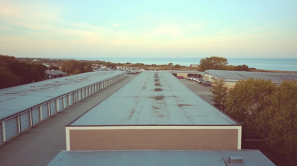 A commercial roof on a storage facility in a location similar to Newport, Rhode Island with a Polaroid aesthetic (AI image)