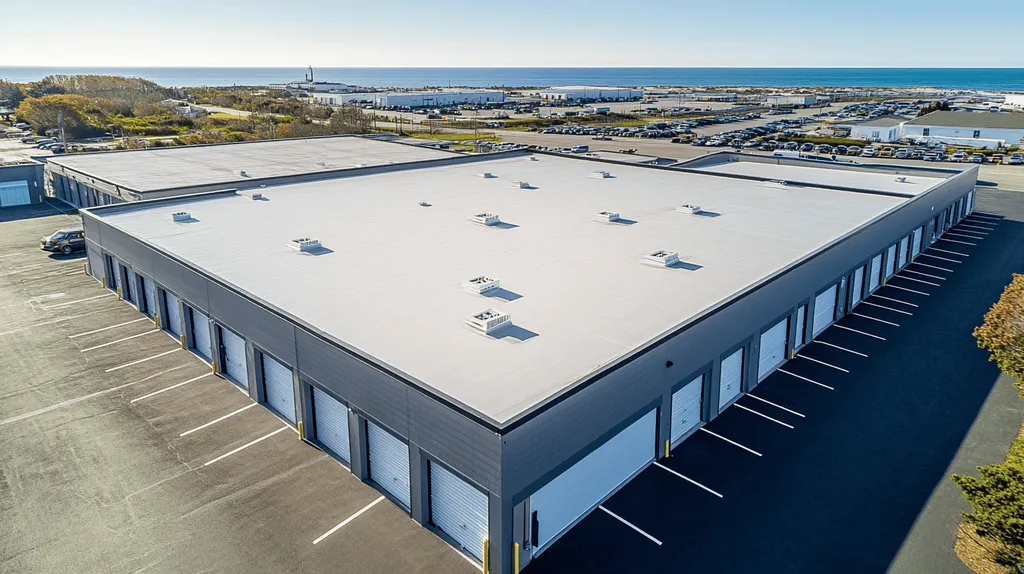 A commercial roof on a storage facility in a location similar to Newport, Rhode Island with an architectural photography aesthetic (AI image)
