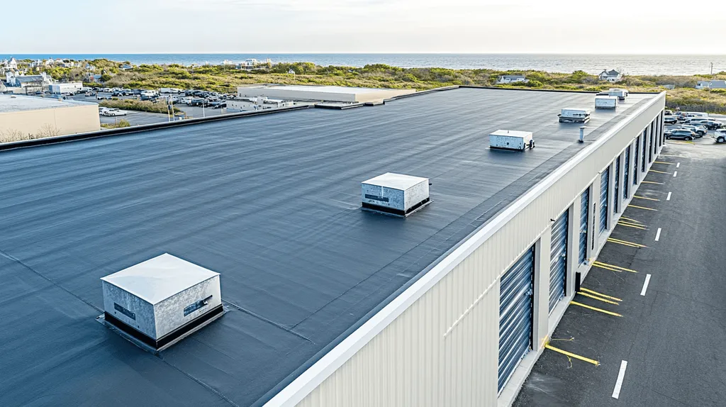 A commercial roof on a storage facility in a location similar to Newport, Rhode Island with an architectural photography aesthetic (AI image)