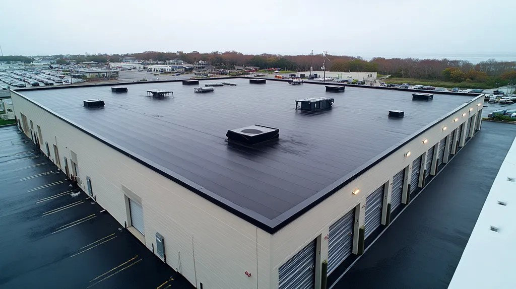 A commercial roof on a storage facility in a location similar to Newport, Rhode Island with a rainy day aesthetic (AI image)