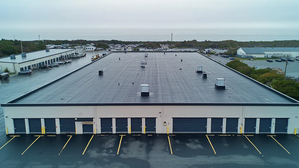 A commercial roof on a storage facility in a location similar to Newport, Rhode Island with a rainy day aesthetic (AI image)