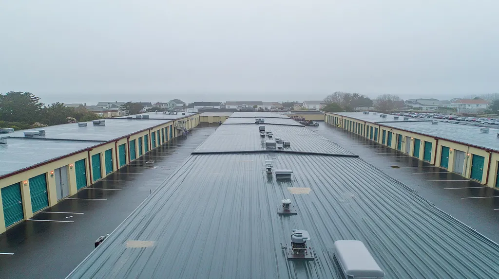 A commercial roof on a storage facility in a location similar to Newport, Rhode Island with a rainy day aesthetic (AI image)
