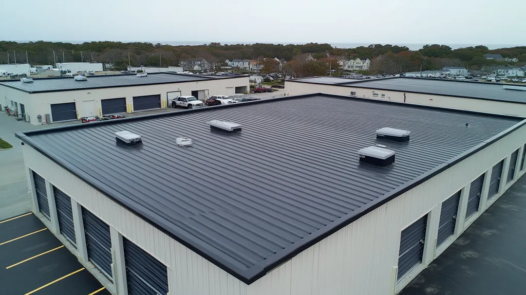 A commercial roof on a storage facility in a location similar to Newport, Rhode Island with a rainy day aesthetic (AI image)