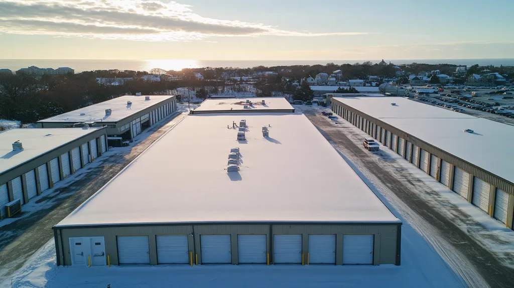 A commercial roof on a storage facility in a location similar to Newport, Rhode Island with a snowy day aesthetic (AI image)