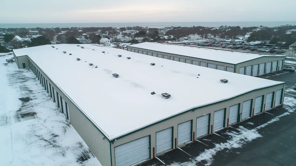 A commercial roof on a storage facility in a location similar to Newport, Rhode Island with a snowy day aesthetic (AI image)