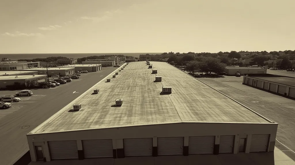 A commercial roof on a storage facility in a location similar to Newport, Rhode Island with a tintype aesthetic (AI image)