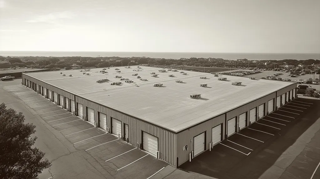 A commercial roof on a storage facility in a location similar to Newport, Rhode Island with a tintype aesthetic (AI image)