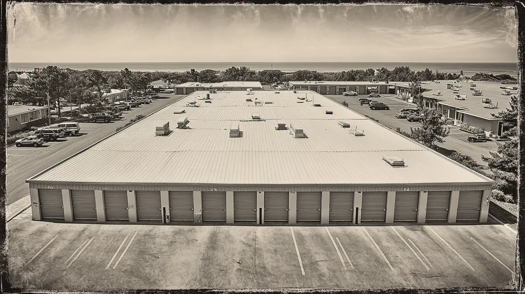 A commercial roof on a storage facility in a location similar to Newport, Rhode Island with a tintype aesthetic (AI image)
