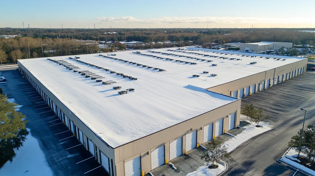 A commercial roof on a storage facility in a location similar to Orlando with a snowy day aesthetic (AI image)