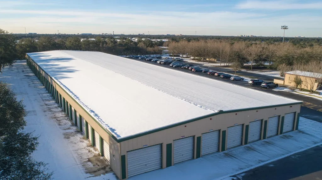 A commercial roof on a storage facility in a location similar to Orlando with a snowy day aesthetic (AI image)