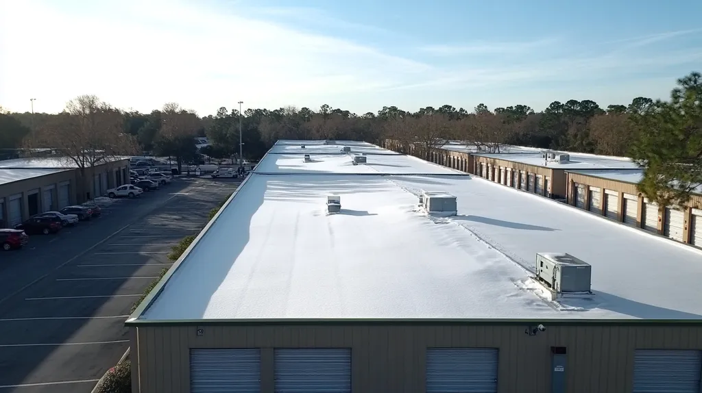 A commercial roof on a storage facility in a location similar to Orlando with a snowy day aesthetic (AI image)