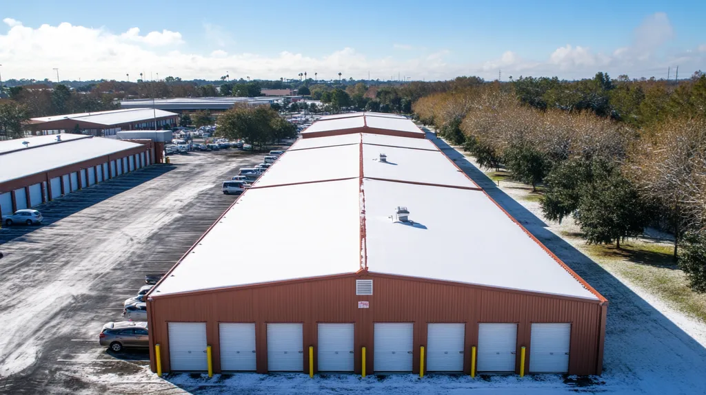 A commercial roof on a storage facility in a location similar to Orlando with a snowy day aesthetic (AI image)