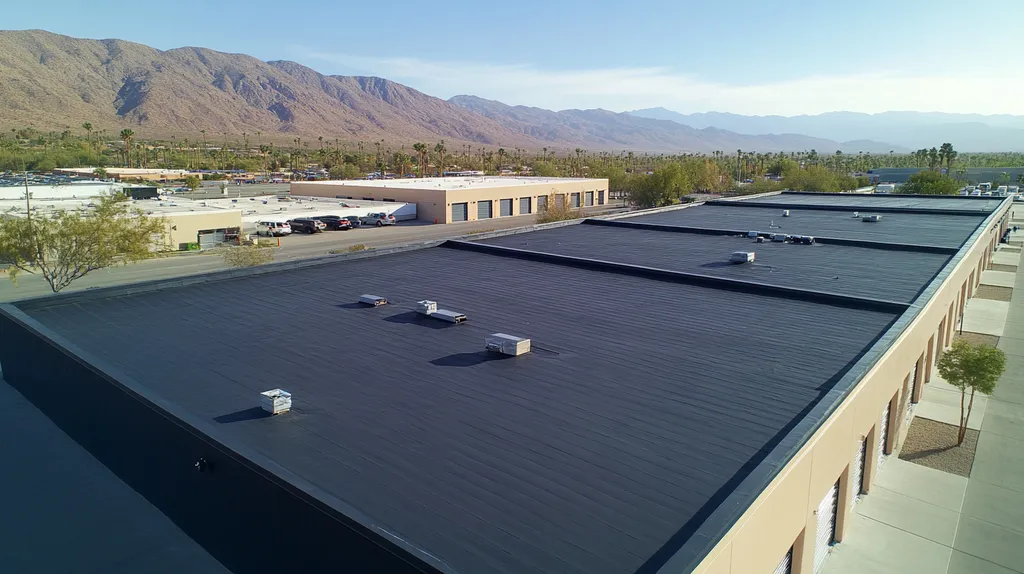 A commercial roof on a storage facility in a location similar to Palm Springs with a color highlight aesthetic (AI image)