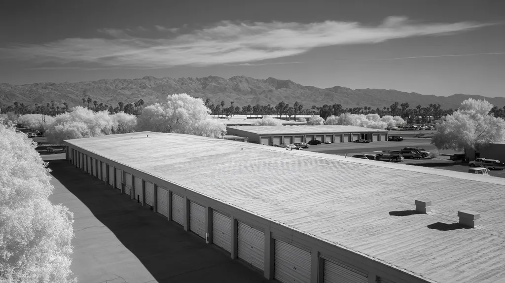 A commercial roof on a storage facility in a location similar to Palm Springs with an infrared photography aesthetic (AI image)