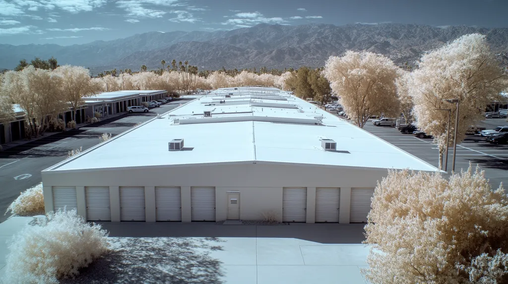 A commercial roof on a storage facility in a location similar to Palm Springs with an infrared photography aesthetic (AI image)
