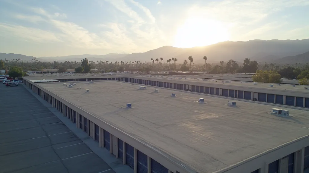 A commercial roof on a storage facility in a location similar to Palm Springs with light beams aesthetic (AI image)