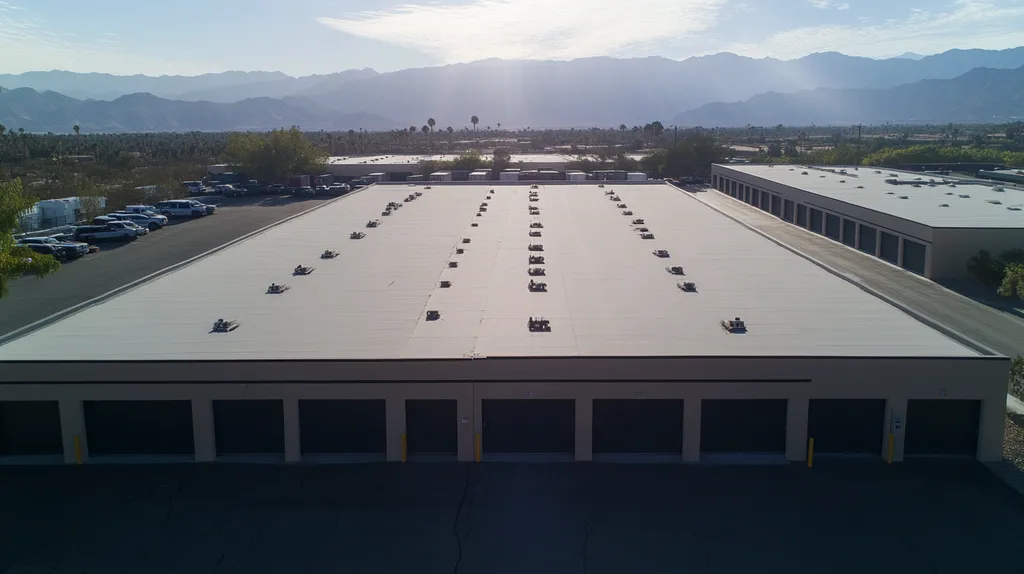 A commercial roof on a storage facility in a location similar to Palm Springs with a light beams aesthetic (AI image)