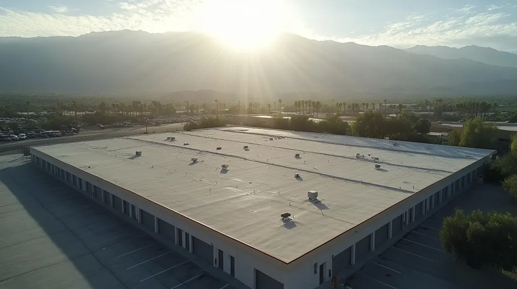 A commercial roof on a storage facility in a location similar to Palm Springs with a light beams aesthetic (AI image)