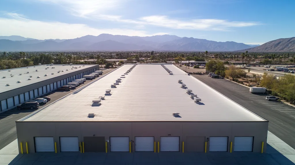 A commercial roof on a storage facility in a location similar to Palm Springs with a light beams aesthetic (AI image)