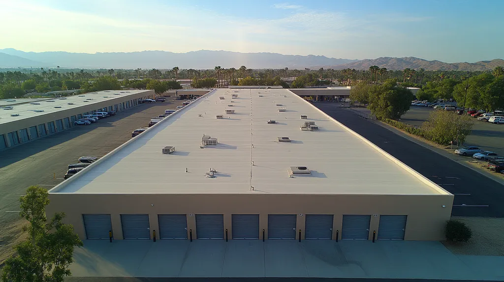 A commercial roof on a storage facility in a location similar to Palm Springs with a light beams aesthetic (AI image)