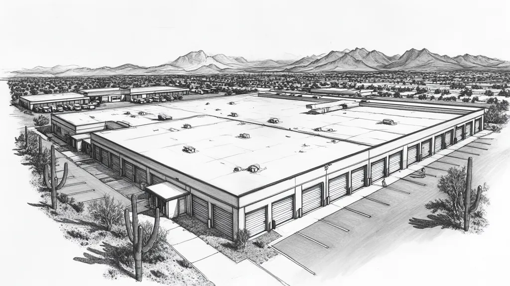 A commercial roof on a storage facility in a location similar to Phoenix with a charcoal sketch aesthetic (AI image)