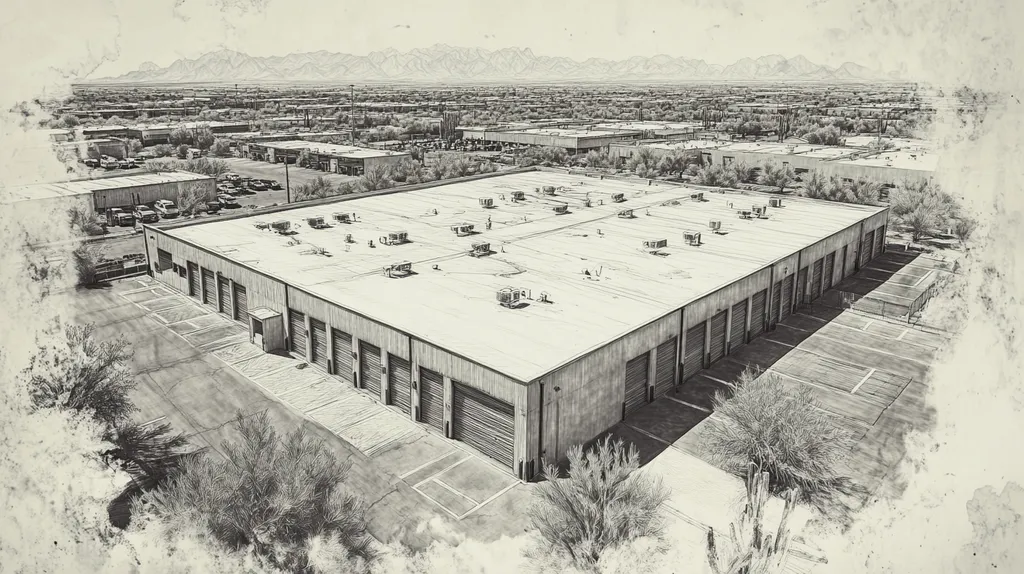 A commercial roof on a storage facility in a location similar to Phoenix with a charcoal sketch aesthetic (AI image)