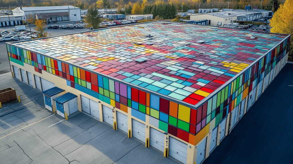 A commercial roof on a storage facility in a location similar to Portland, Maine with a stained glass style aesthetic (AI image)