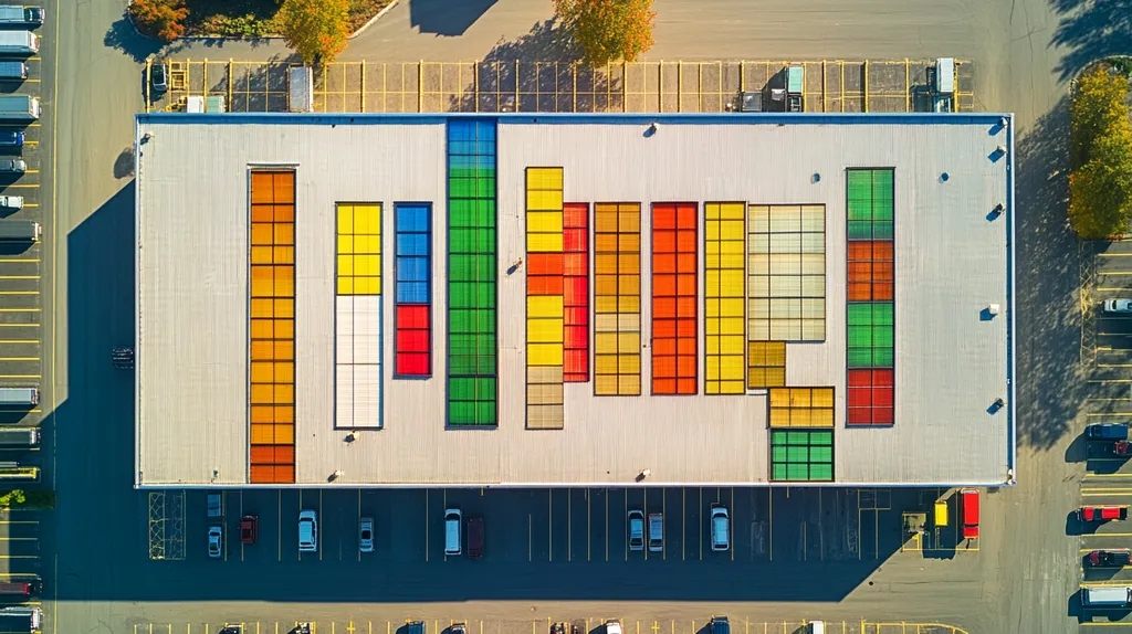 A commercial roof on a storage facility in a location similar to Portland, Maine with a stained glass style aesthetic (AI image)