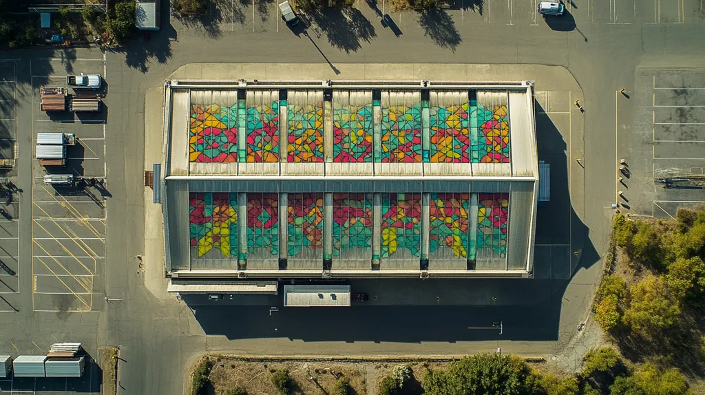 A commercial roof on a storage facility in a location similar to Portland, Maine with a stained glass style aesthetic (AI image)