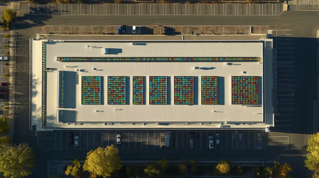 A commercial roof on a storage facility in a location similar to Portland, Maine with a stained glass style aesthetic (AI image)