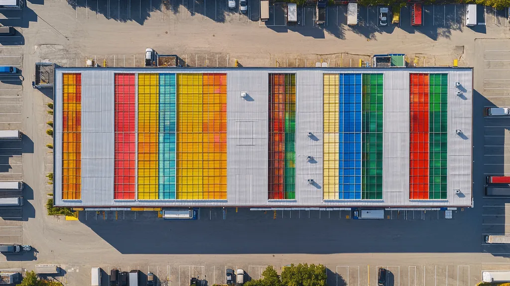 A commercial roof on a storage facility in a location similar to Portland, Maine with a stained glass style aesthetic (AI image)